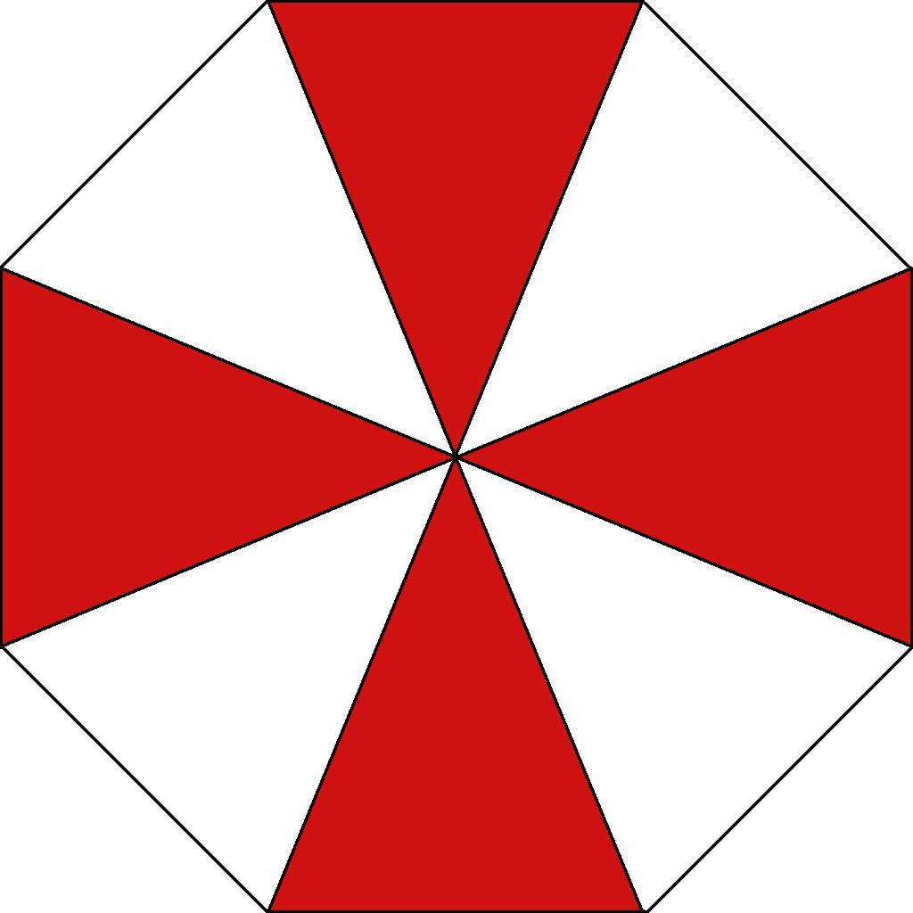 Stylizowany, symetryczny ośmiokąt z czerwonym krzyżem i białymi trójkątami, przypominający parasol korporacji.