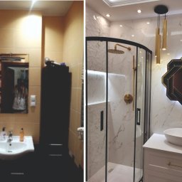 Project Group - Marzenna Cichocka - Zdjęcie łazienki przed i po remoncie. Po lewej stara łazienka z brązowymi płytkami, po prawej nowa, w stylu glamour z kabiną prysznicową i ozdobnym lustrem.