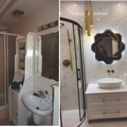 Project Group - Marzenna Cichocka - Remont łazienki w stylu glamour: widok przed i po renowacji. Po prawej: marmurowe ściany, designerskie lustro i złote akcenty. Po lewej: starsza aranżacja.