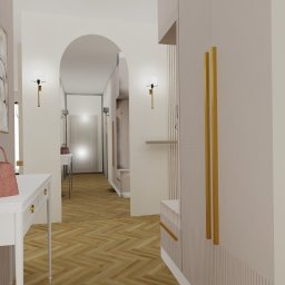 Bemowo - kompleksowy projekt mieszkania 76 m2. Stan developerski.  Dominujące kolory - pudrowy róż, szarość, biel, dodatki w kolorze bordowym. 