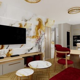 Bemowo - kompleksowy projekt mieszkania 76 m2. Stan developerski.  Dominujące kolory - pudrowy róż, szarość, biel, dodatki w kolorze bordowym. 