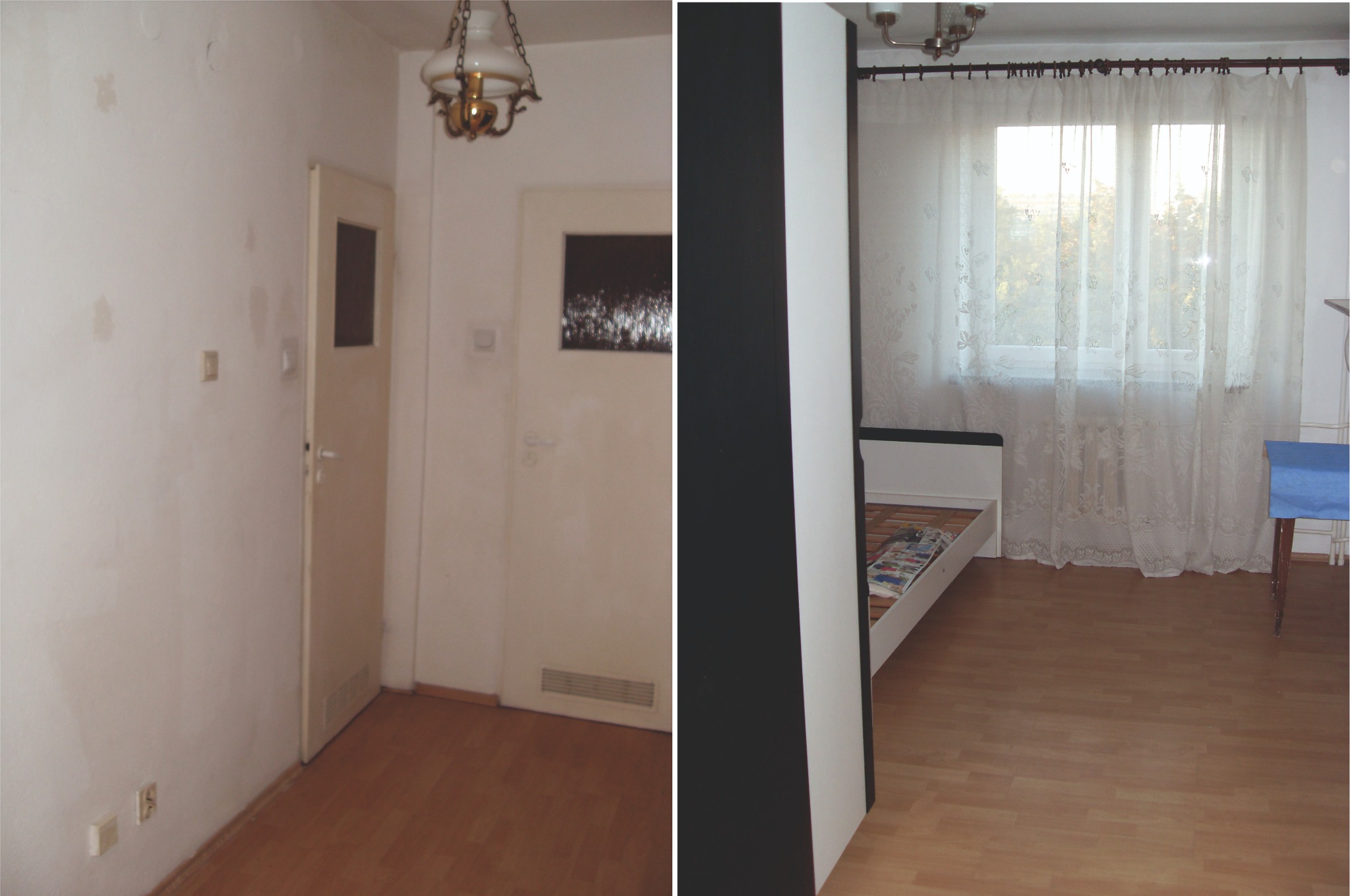 Mieszkanie przed i po remoncie: po lewej pokój z plamami na ścianie, po prawej odnowiony pokój z łóżkiem i zasłonami. Widoczna różnica w estetyce i stanie pomieszczenia.