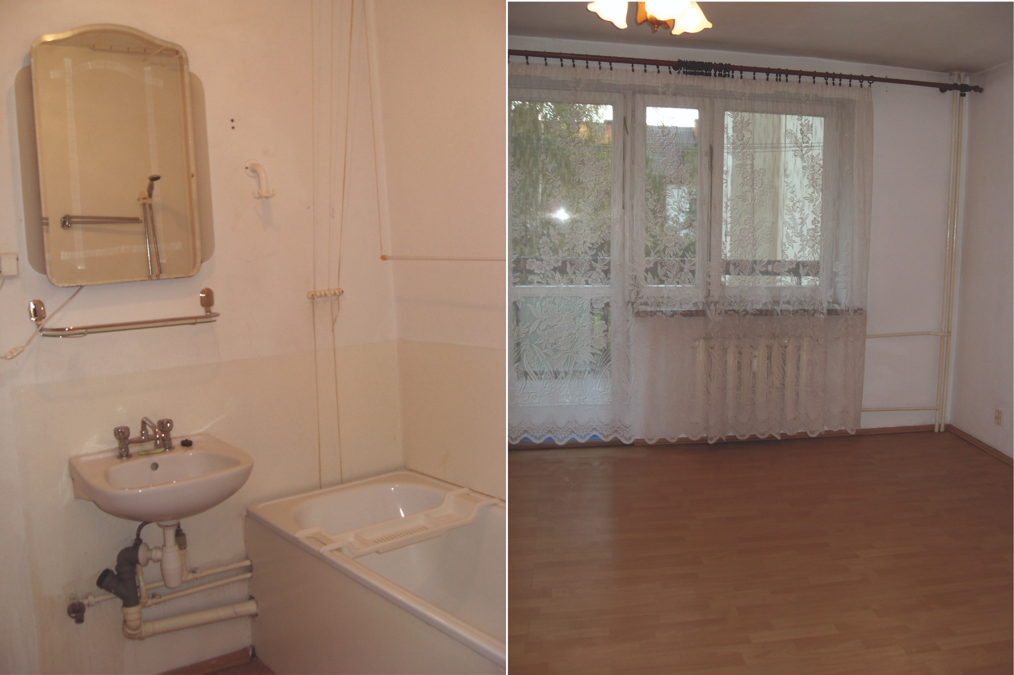Dzielone ujęcie: łazienka z wanną i umywalką po lewej, pokój z oknem i grzejnikiem po prawej. Widoczne stare instalacje i wykończenie.