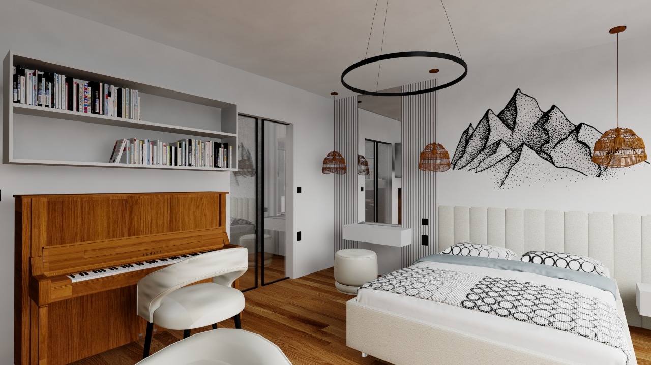 Wnętrze sypialni z pianinem, łóżkiem i dekoracją ścienną w postaci gór. Widoczne oświetlenie wiszące i lustro z toaletką. Projekt pokoju z elementami artystycznymi.