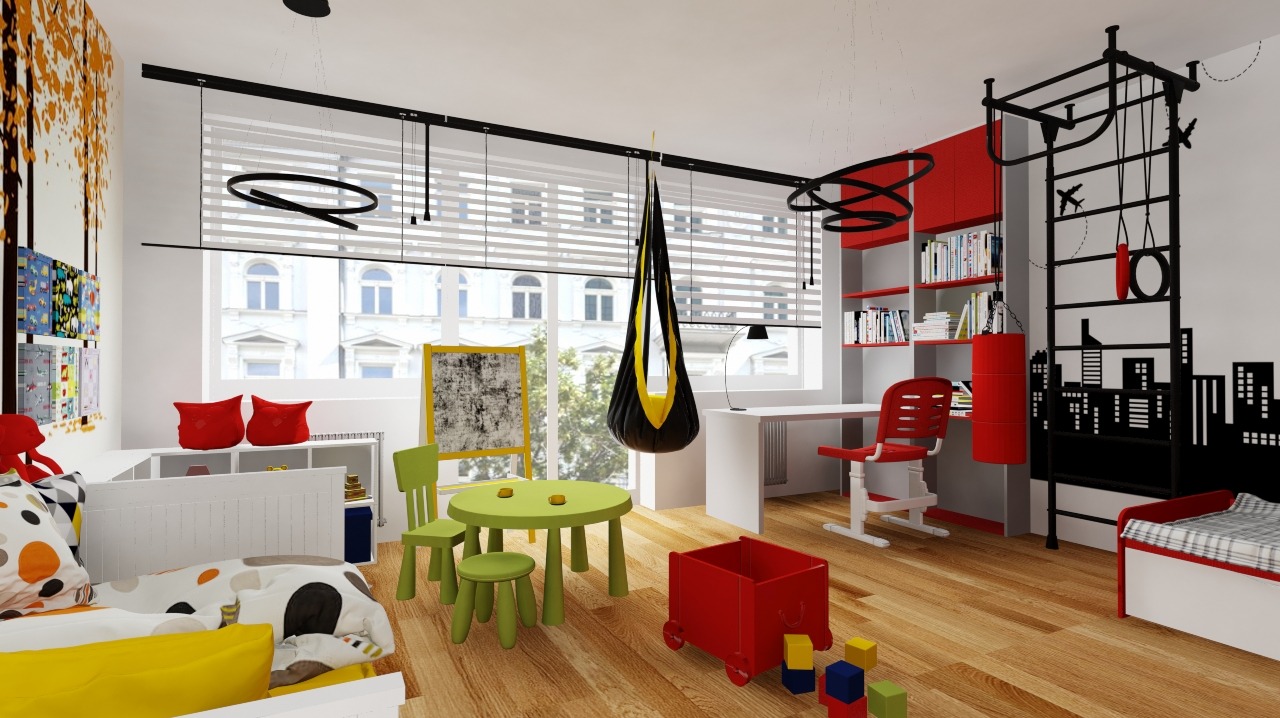 Nowoczesny pokój dziecięcy z wiszącym fotelem, biurkiem, drabinką gimnastyczną i kolorowymi akcentami. Widok na miasto przez okno z żaluzjami.