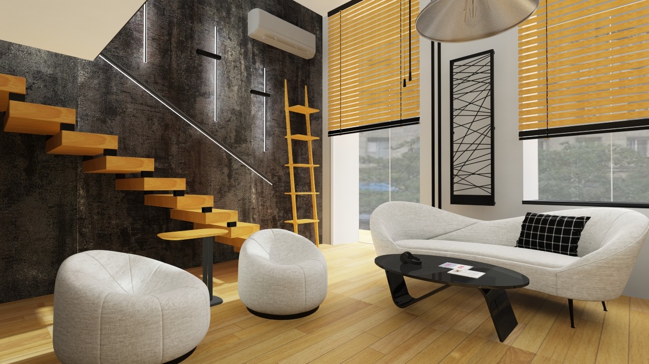 Nowoczesne wnętrze mieszkania z drewnianymi schodami, antresolą i elementami dekoracyjnymi. Widoczne okna z żaluzjami i minimalistyczne meble.