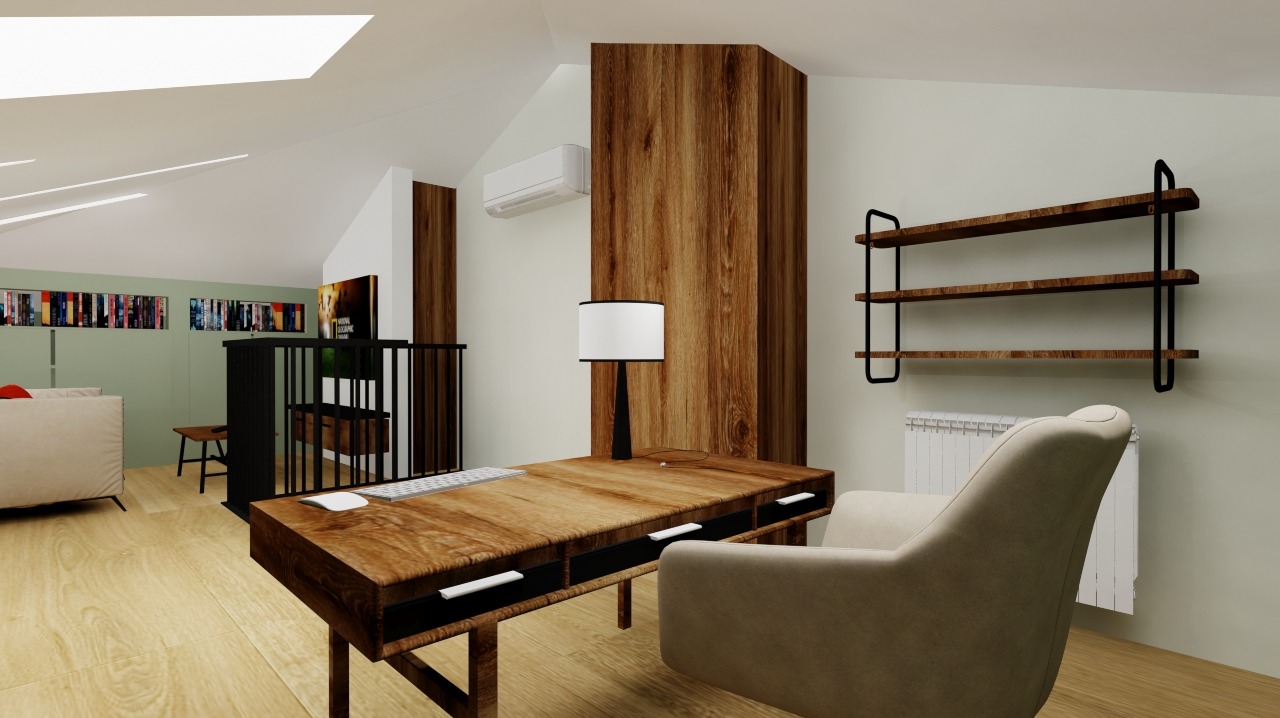 Poddasze użytkowe z miejscem do pracy: drewniane biurko z lampą, krzesło, półki na ścianie, grzejnik. Aranżacja w segmencie podwarszawskim.