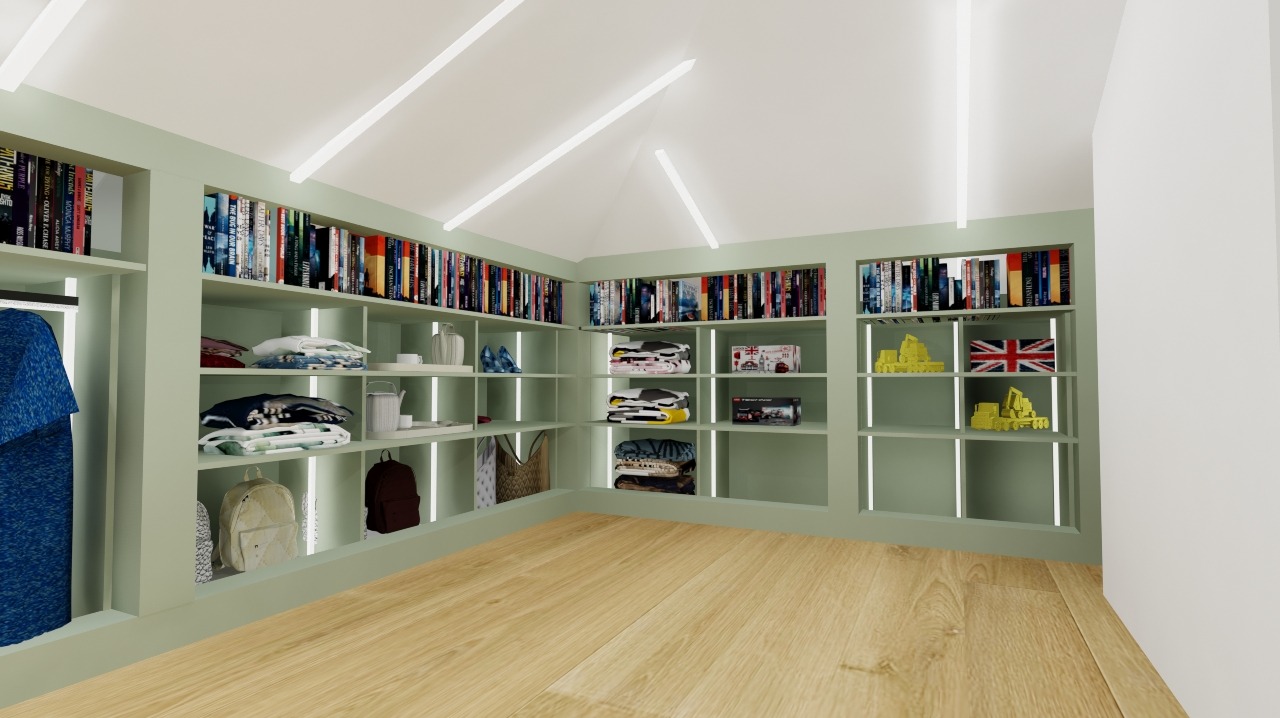 Poddasze użytkowe po remoncie: zabudowa regałowa z książkami, ubraniami i dekoracjami, oświetlenie LED, drewniana podłoga. Pastelowa kolorystyka, nowoczesny styl.