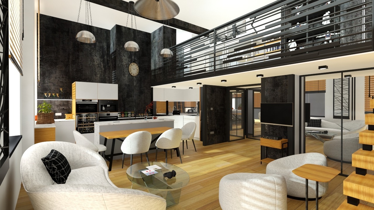 Wysokie mieszkanie w kamienicy z antresolą: kuchnia, jadalnia i salon w otwartej przestrzeni. Nowoczesny design z elementami loftu, drewniana podłoga i schody.