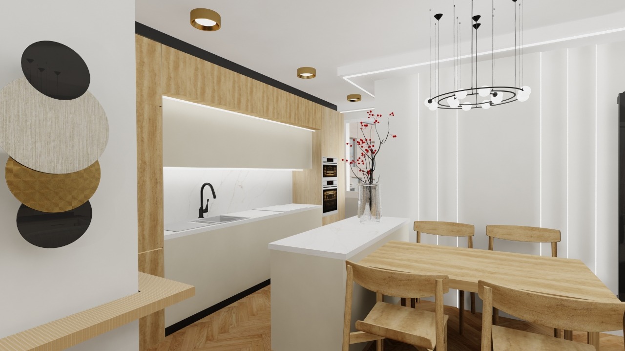 Jasna kuchnia z drewnianymi akcentami i okrągłą lampą. Na ścianie dekoracja z kół. Parkiet ułożony w jodełkę. Minimalistyczny design z wyspą kuchenną i stołem.