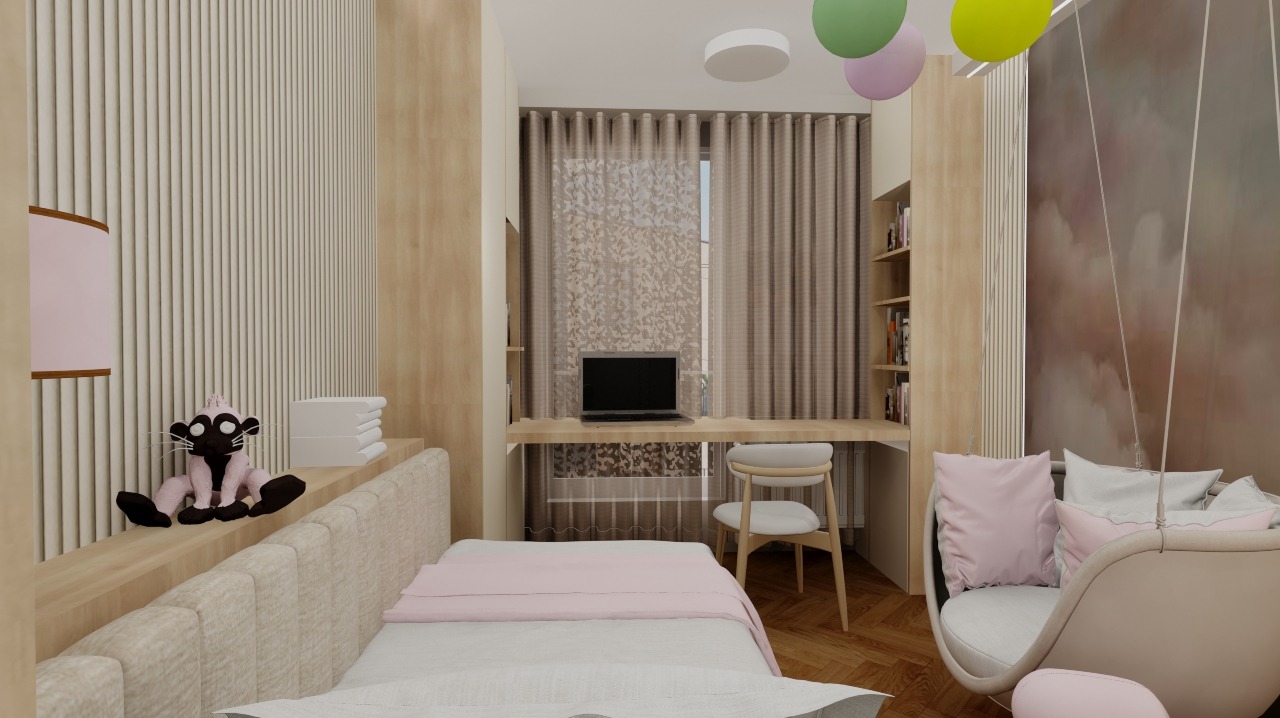 Pokój dziecięcy z biurkiem pod oknem i wiszącym fotelem. Pastelowe kolory, pluszowa zabawka na łóżku. Aranżacja w stylu nowoczesnym, minimalistycznym.