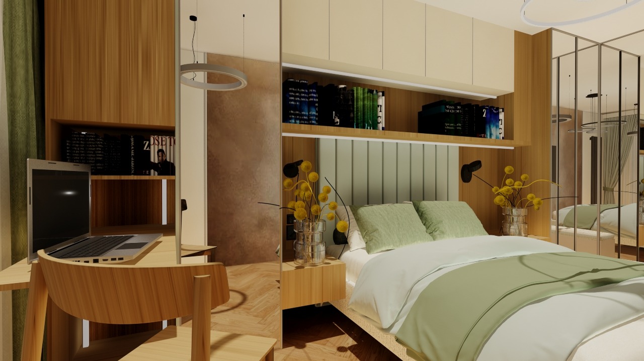 Nowoczesna sypialnia z biurkiem i lustrzaną szafą. Jasne drewno, pastelowa zieleń, minimalistyczne lampy. Widok na odbicie pokoju w lustrze.