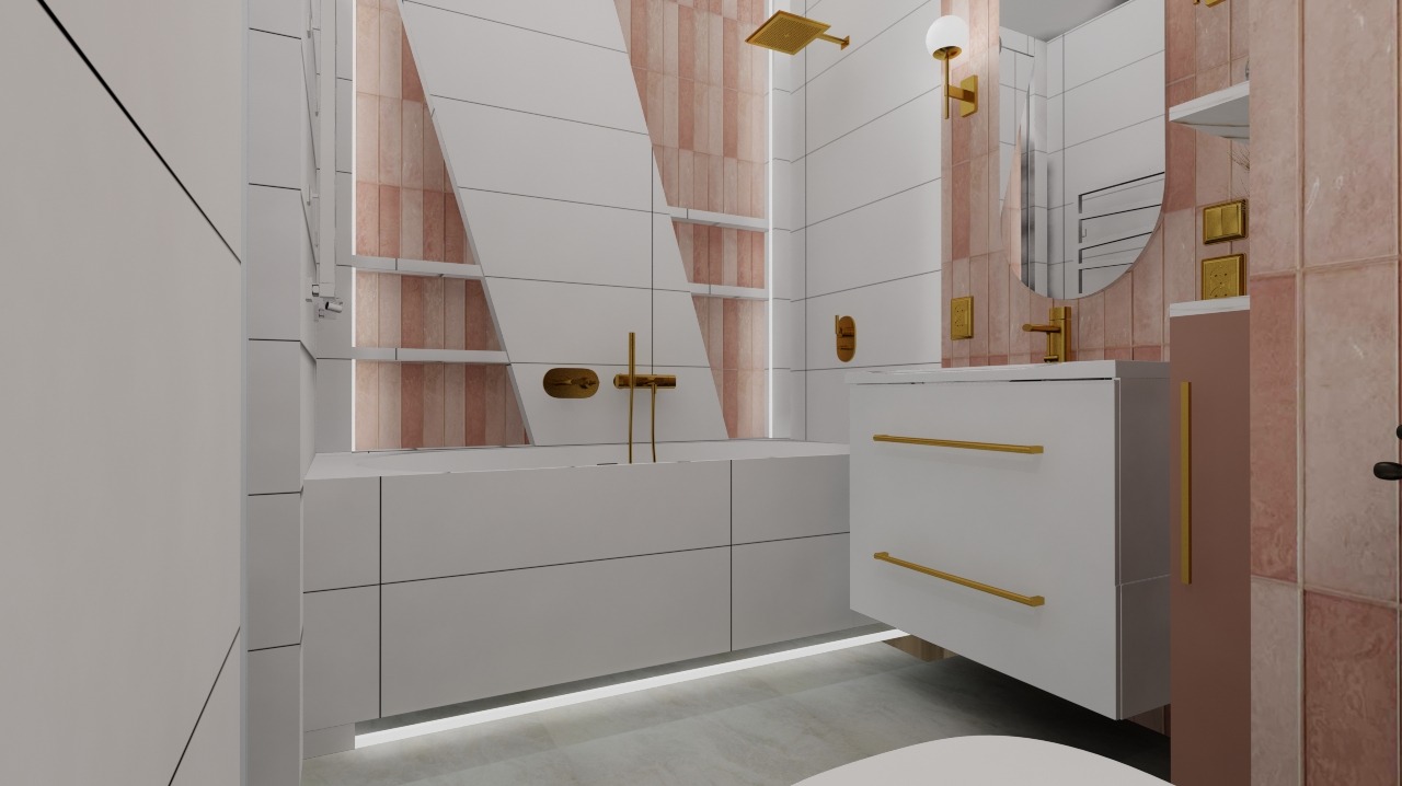 Wizualizacja łazienki w bieli i pudrowym różu z akcentami złota. Geometryczne wzory płytek, nowoczesna armatura, oświetlenie LED. Minimalistyczny design.
