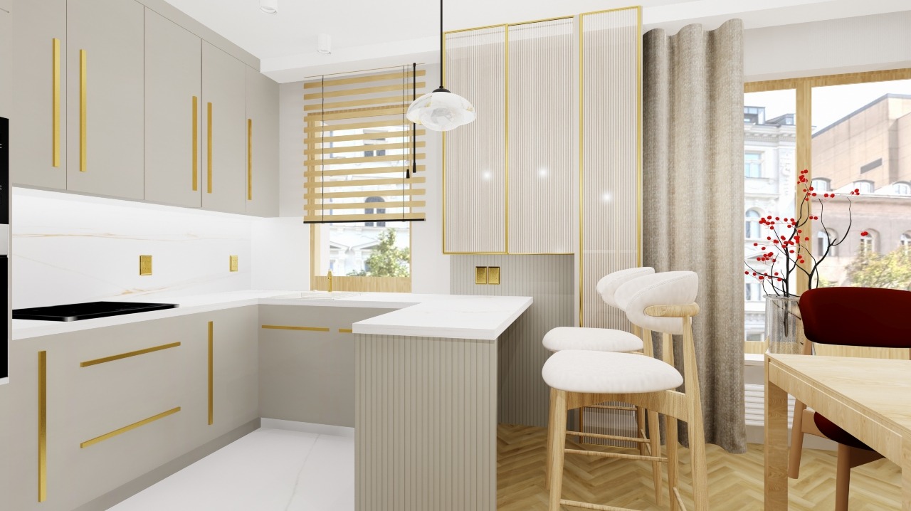 Wizualizacja kuchni w odcieniach szarości i bieli z złotymi akcentami. Nowoczesne krzesła barowe i widok na miasto za oknem. Projekt mieszkania w stylu minimalistycznym.