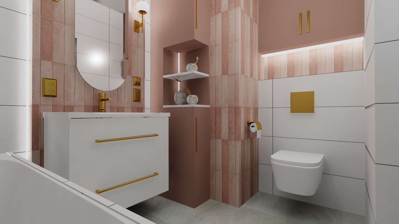 Wizualizacja łazienki w pudrowym różu i bieli, z elementami złota. Umywalka z szafką, toaleta podwieszana i półki z dekoracjami tworzą spójny, nowoczesny design.