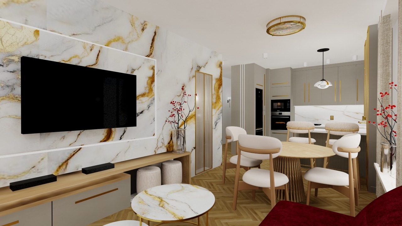 Wnętrze mieszkania w stylu glamour: marmurowe ściany, telewizor, okrągły stół z krzesłami i dodatki w odcieniach różu, szarości i bordo. Widok na kuchnię.
