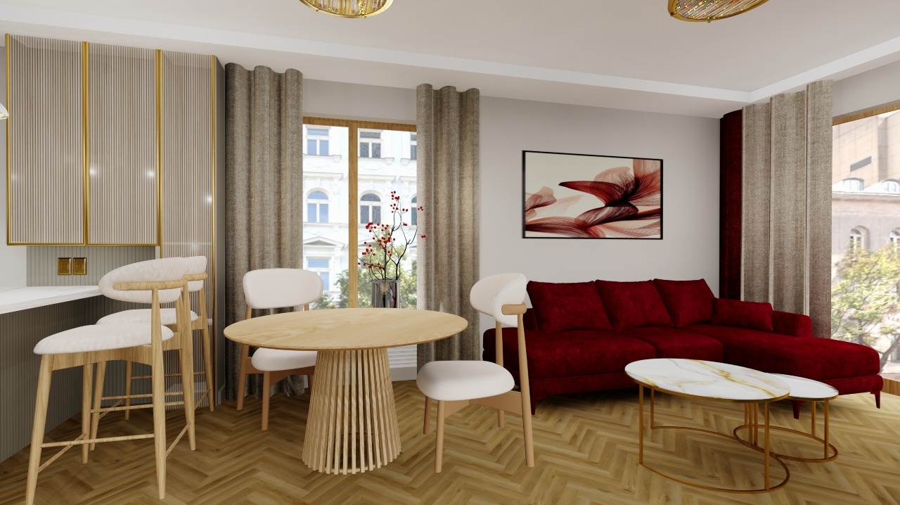 Wnętrze mieszkania w odcieniach szarości, różu i bordo. Widoczny stół z krzesłami, sofa, stoliki kawowe i zabudowa kuchenna z ryflowanymi frontami.