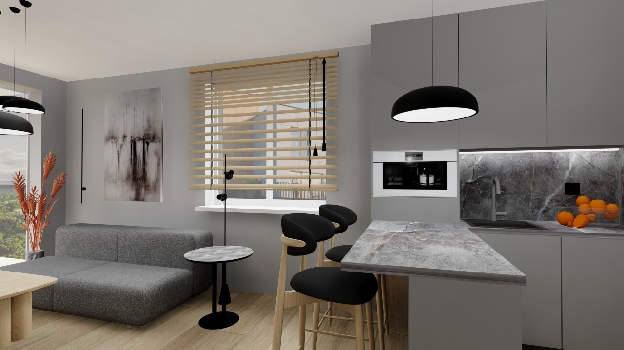 Warszawa - Białołęka, ze stanu developerskiego, mieszkanie dla singla, 62 m2. Minimalizm, beton plus drewno.