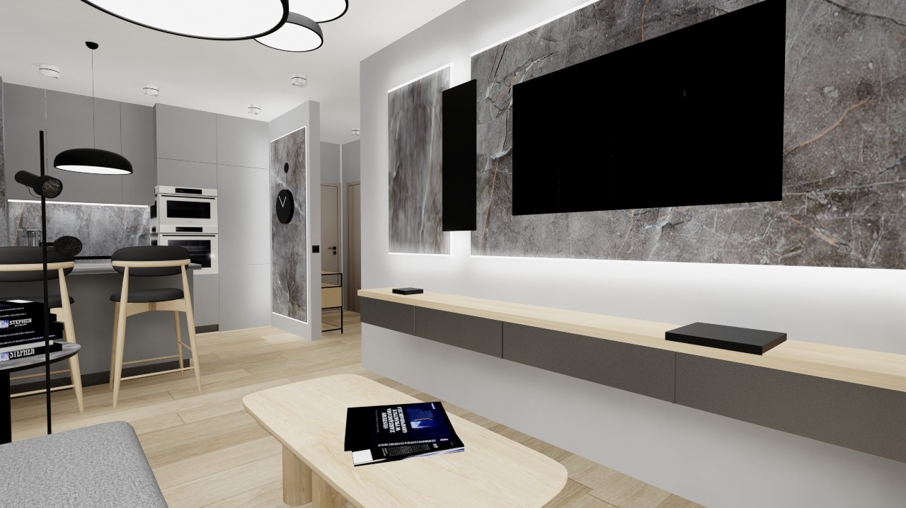 Minimalistyczne wnętrze mieszkania: szara kuchnia z wyspą, drewniana podłoga, ściana TV z marmurowym wykończeniem i podświetleniem LED. Nowoczesny design.