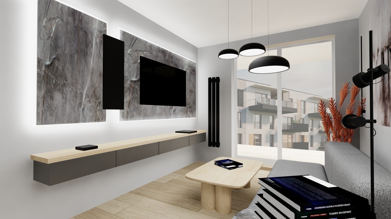 Minimalistyczny salon z betonową ścianą podświetloną LED, wiszącą szafką RTV i czarnym grzejnikiem. Widok na budynek z balkonami przez okno.