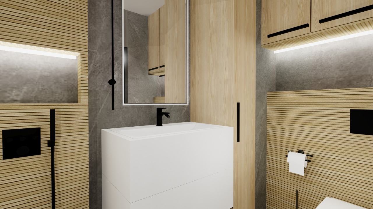 Minimalistyczna łazienka w odcieniach drewna i szarości. Umywalka z szafką, lustro z oświetleniem, drewniana boazeria i szara ściana. Nowoczesny design.