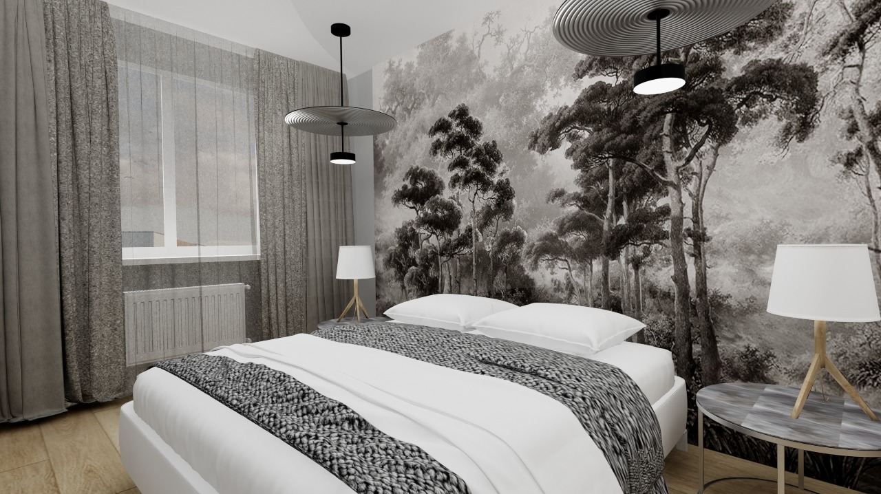 Minimalistyczna sypialnia w odcieniach szarości z fototapetą leśną. Nowoczesne lampy wiszące i nocne. Mieszkanie dla singla, 62 m2, Białołęka, Warszawa.