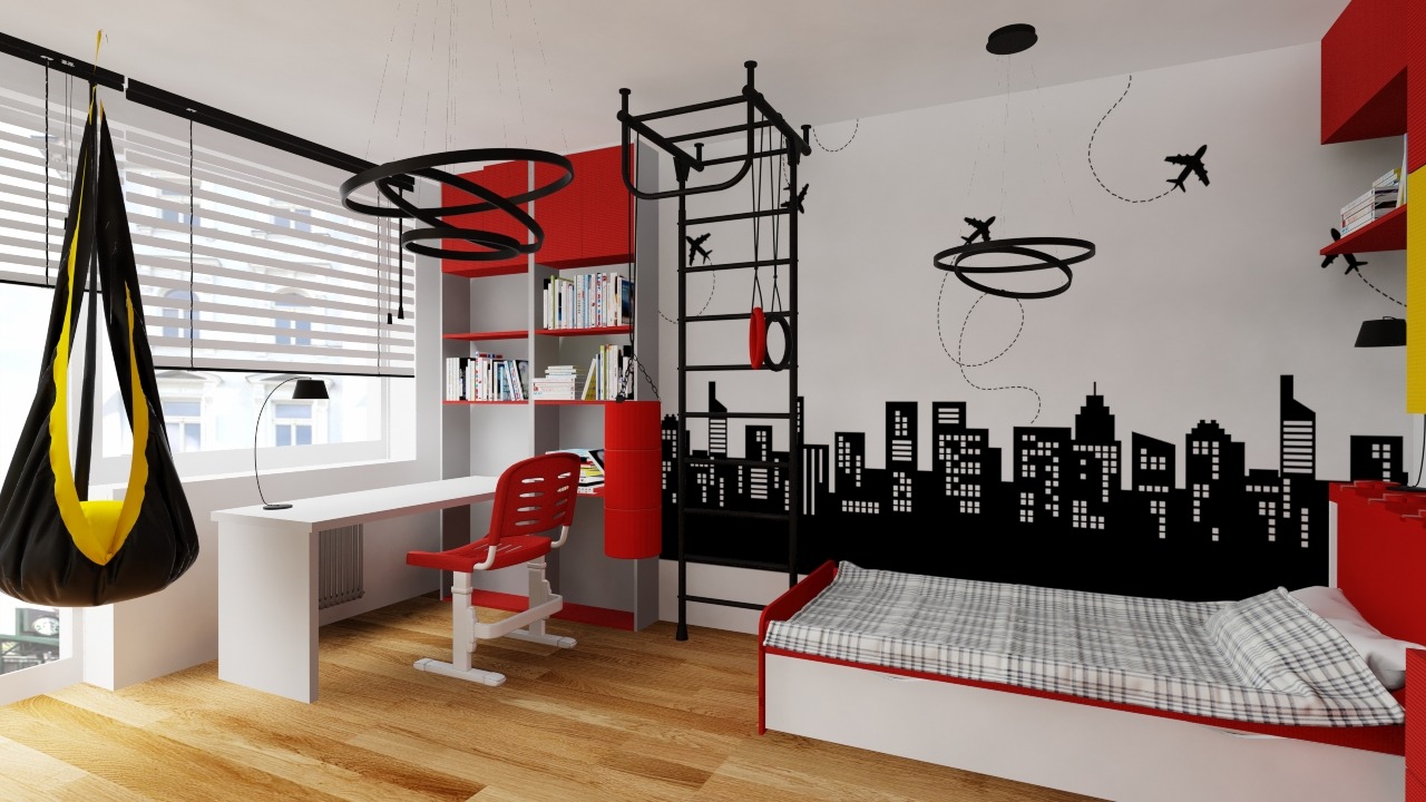 Pokój młodzieżowy w stylu nowoczesnym z czarno-białą tapetą przedstawiającą panoramę miasta, czerwonymi akcentami, wiszącym fotelem typu kokon i drabinką gimnastyczną.