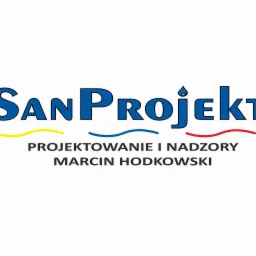 Logo firmy SanProjekt: niebieski napis z kroplą wody nad literą 'j', pod nim 'Projektowanie i nadzory' oraz imię i nazwisko Marcin Hodkowski, podkreślone falistymi liniami w kolorach żółtym...