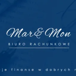 Logo biura rachunkowego Mar&Mon na tle kalkulatora i arkusza kalkulacyjnego z napisami 'Twoje finanse w dobrych rękach'.