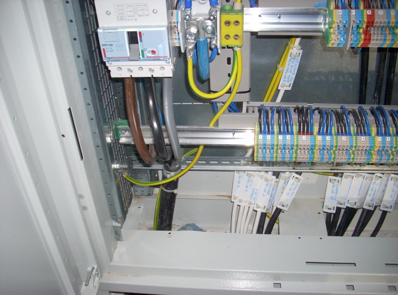 Wnętrze szafy elektrycznej z zainstalowanymi elementami: bezpiecznik DPX 160, listwy zaciskowe z podłączonymi przewodami o różnych kolorach, szyny montażowe i przewody ochronne. Widoczne etykiety...