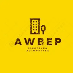 Logo firmy AWREP na jaskrawożółtym tle, przedstawiające stylizowany budynek z oknami i klucz, z napisem 'AWREP' poniżej oraz hasłem 'Elektryka Automatyka'.