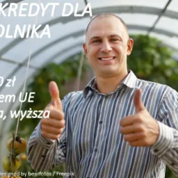Uśmiechnięty mężczyzna w szarej koszuli w paski, na tle szklarni, z tekstem o kredycie dla rolnika i kwotą 650 000 zł, pokazujący kciuki w górę.