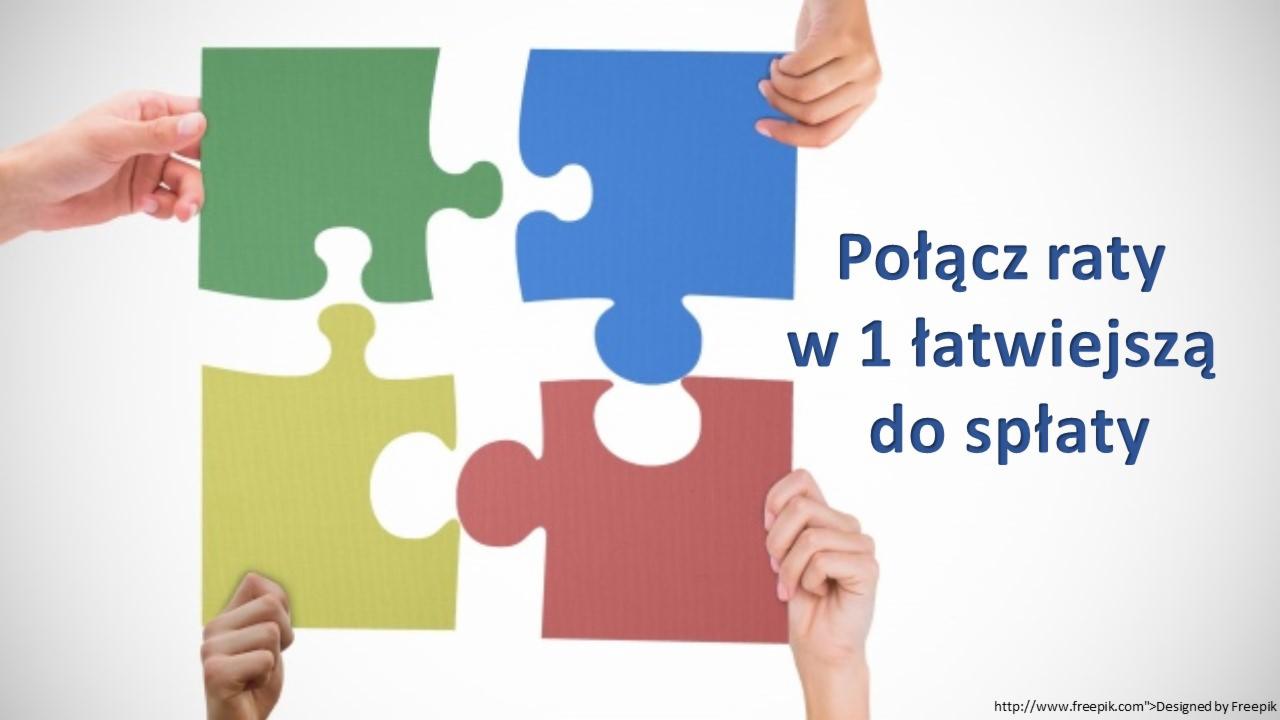 Cztery ręce dopasowują kolorowe elementy układanki, symbolizujące połączenie rat w jedną łatwiejszą do spłaty.