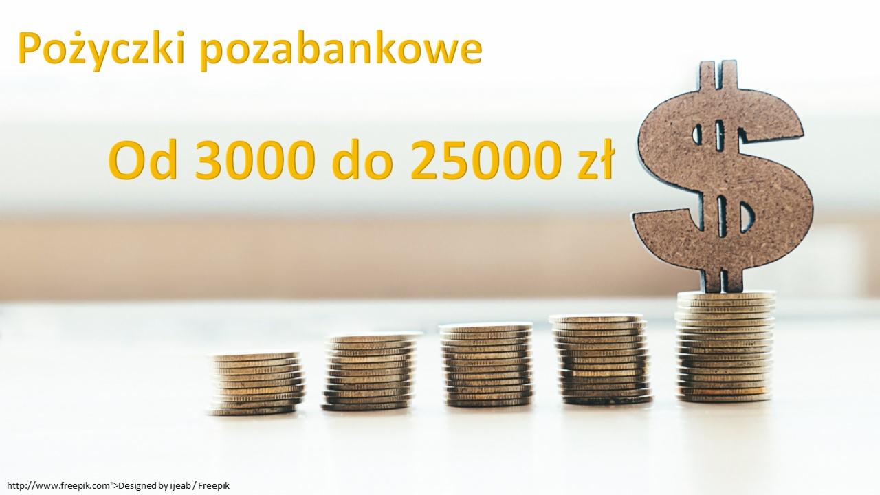 Rządki monet ułożone w rosnące stosy, zwieńczone drewnianym symbolem dolara, z napisem 'Pożyczki pozabankowe Od 3000 do 25000 zł' w tle.