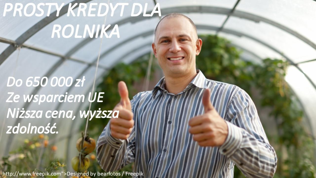Uśmiechnięty mężczyzna w szarej koszuli w paski, na tle szklarni, z tekstem o kredycie dla rolnika i kwotą 650 000 zł, pokazujący kciuki w górę.