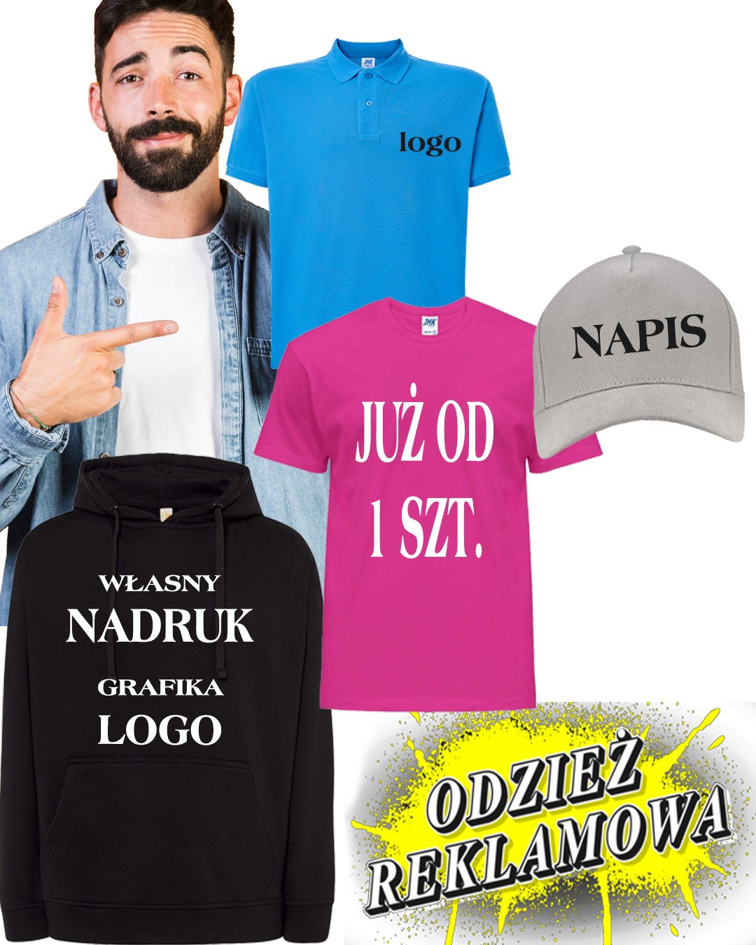 Mężczyzna wskazuje na odzież reklamową: koszulki polo z logo, różową koszulkę z napisem, czarną bluzę z nadrukiem i szarą czapkę z daszkiem.