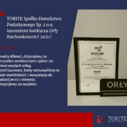 Dyplom konkursu Orły Rachunkowości 2021 w czarnej ramce, obok napis 'Orły Rachunkowości' na ciemnym tle, tekst gratulacyjny dla klientów za opinie o usłudze.