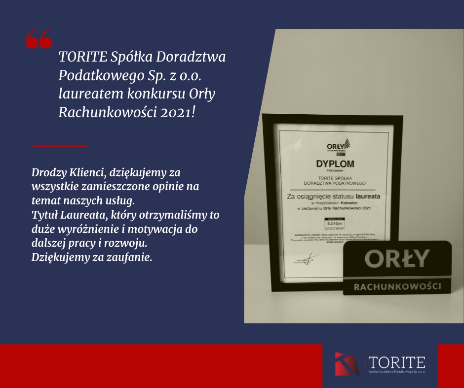 Dyplom konkursu Orły Rachunkowości 2021 w czarnej ramce, obok napis 'Orły Rachunkowości' na ciemnym tle, tekst gratulacyjny dla klientów za opinie o usłudze.