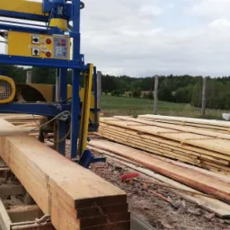 Trak taśmowy tnący belkę drewna na deski, stos desek obok, widok na pole i las w tle.