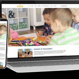 Daniel Brzozowski - Responsywna strona internetowa na laptopie i smartfonie. Widok strony 'Puchatek' z dziećmi podczas zajęć plastycznych. Czytelny układ, estetyczny design.