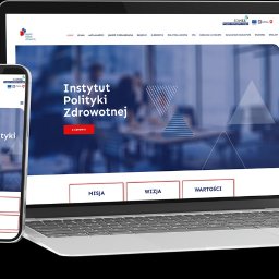 Daniel Brzozowski - Responsywna strona internetowa Instytutu Polityki Zdrowotnej na laptopie i smartfonie. Widoczny interfejs użytkownika, schludny design w odcieniach bieli i granatu.