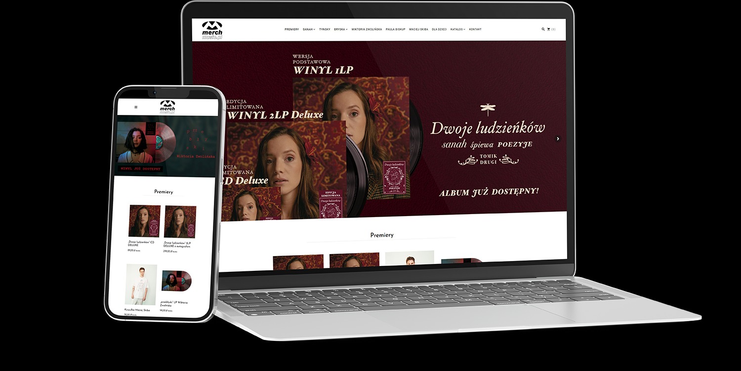 Responsywny sklep internetowy merchmusic.pl na laptopie i smartfonie. Prezentacja strony z ofertą albumów i merchu artystów Magic Records. Mroczna kolorystyka i elegancki design.