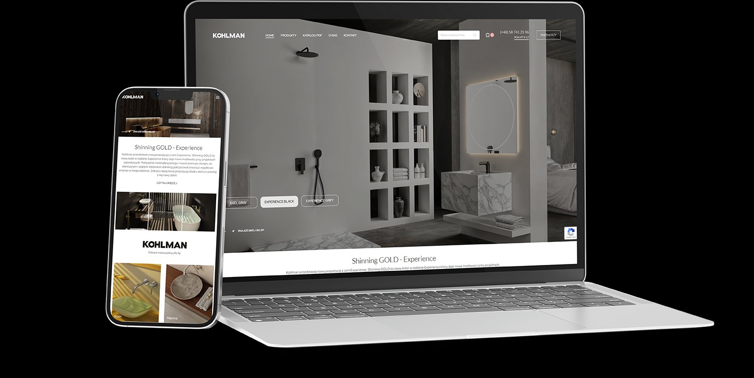 Laptop i smartfon prezentują stronę KOHLMAN z aranżacją łazienki: czarne baterie, marmurowa umywalka i półki. Nowoczesny design i wysoka jakość.