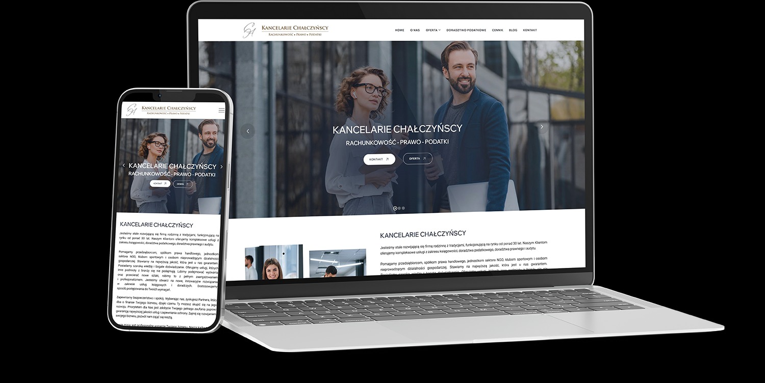 Responsywny design strony kancelarii Chałczyńscy z Leoncina, widoczny na laptopie i smartfonie. Prezentacja usług: rachunkowość, prawo, podatki. Nowoczesny wygląd.