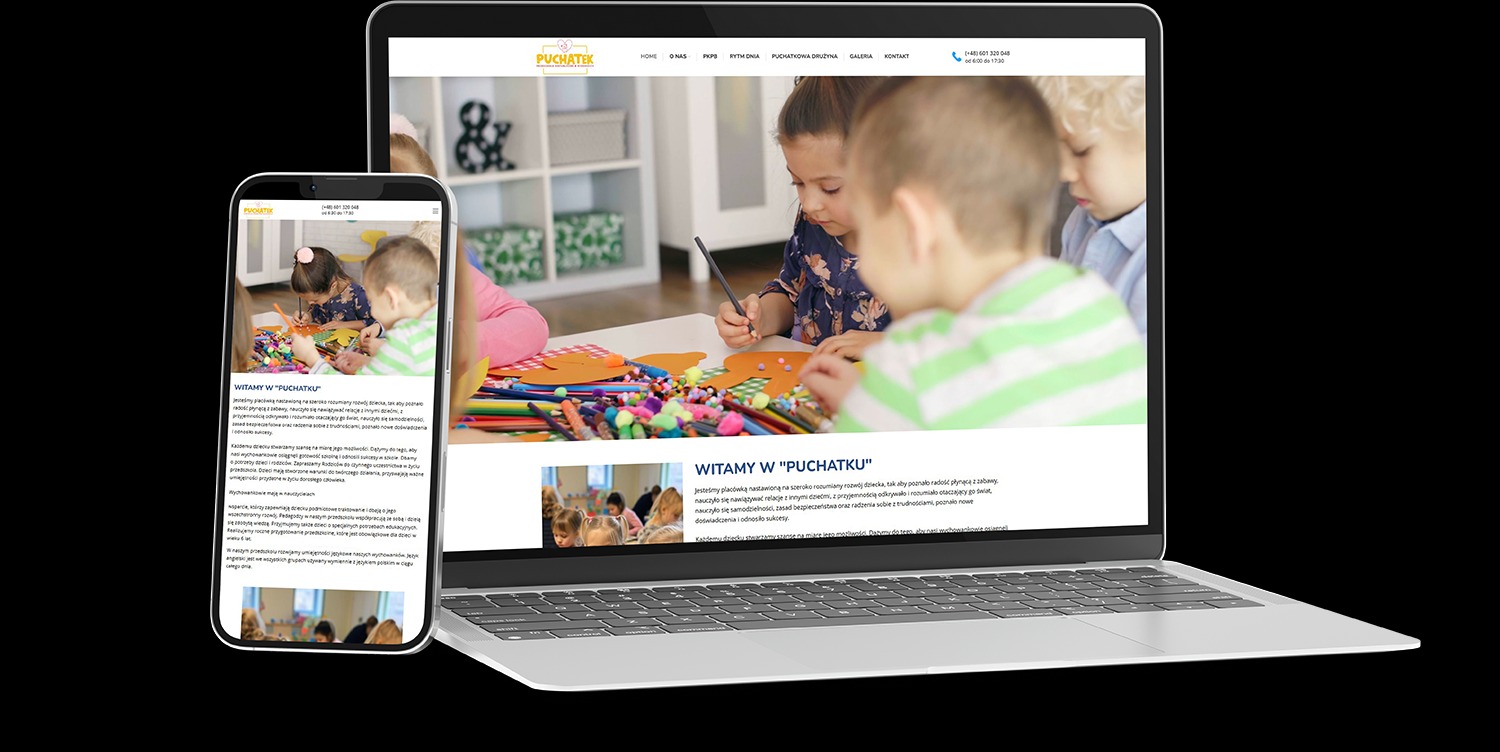 Responsywna strona internetowa na laptopie i smartfonie. Widok strony 'Puchatek' z dziećmi podczas zajęć plastycznych. Czytelny układ, estetyczny design.