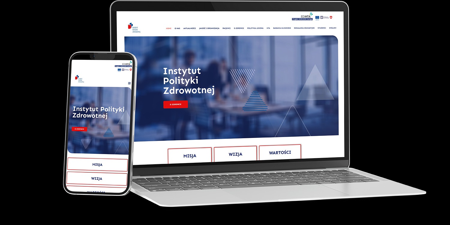 Responsywna strona internetowa Instytutu Polityki Zdrowotnej na laptopie i smartfonie. Widoczny interfejs użytkownika, schludny design w odcieniach bieli i granatu.
