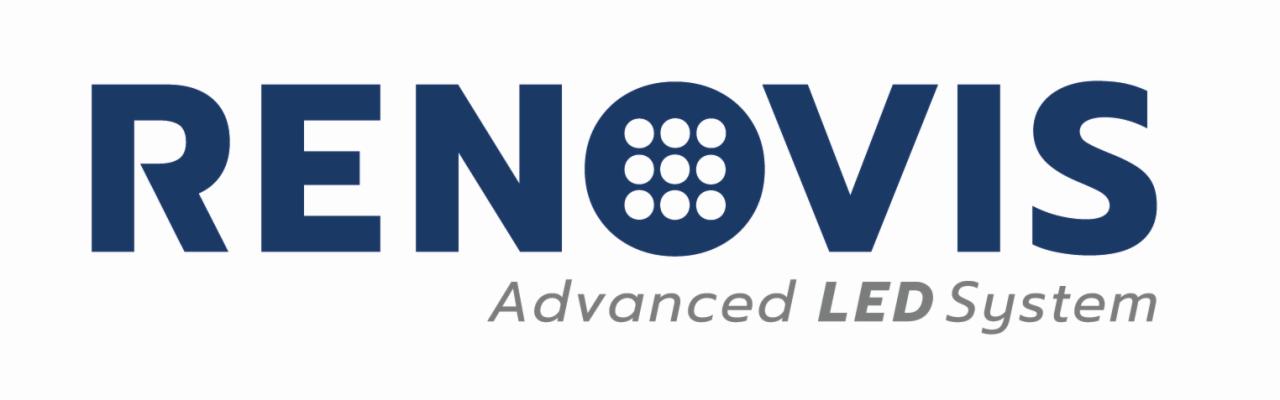 Logo firmy Renovis Advanced LED System w odcieniach niebieskiego i szarości na białym tle. Litera 'O' zastąpiona okręgiem z dziewięcioma białymi punktami.