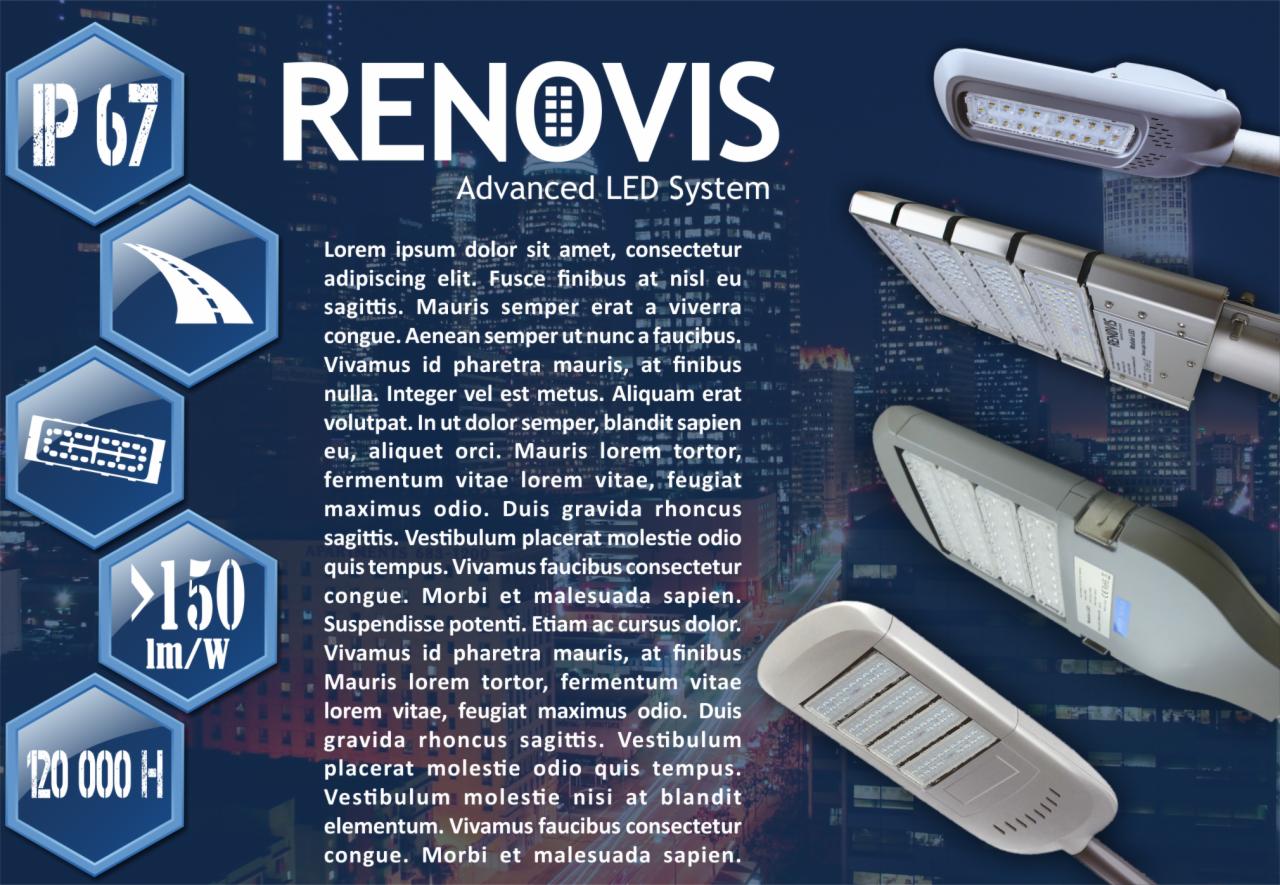 Grafika reklamowa przedstawiająca trzy różne modele nowoczesnych lamp ulicznych LED na tle nocnego miasta, z informacjami o parametrach technicznych i logo firmy Renovis.