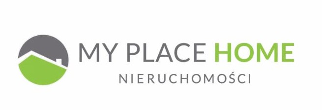 Logo firmy My Place Home Nieruchomości z graficznym symbolem domu w kolorach szarym i zielonym