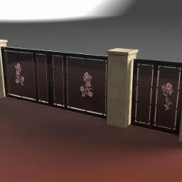 Wizualizacja bramy wjazdowej z metalowymi przęsłami, zdobionej motywem róż, osadzonej na kamiennych słupkach.